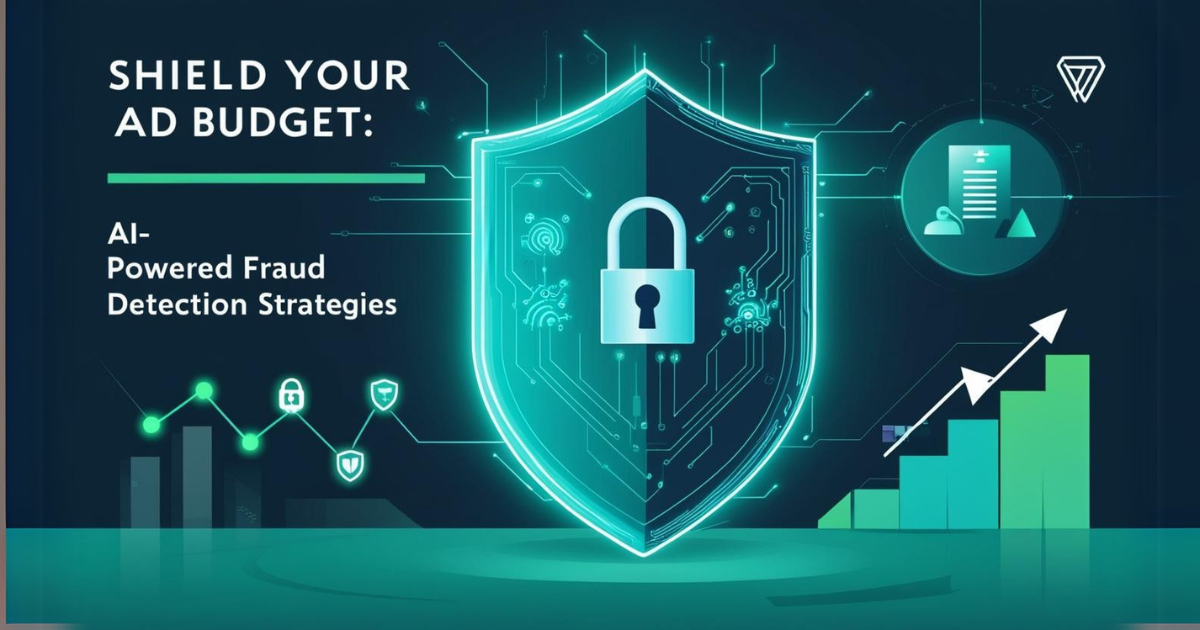 Crush Ad Fraud with AI - A guide on AI-powered fraud detection in digital marketing, showing security shield and digital analytics.